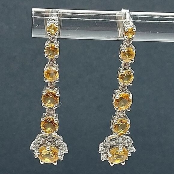 Natural Yellow Citrine 6mm & Cz 925 Sterling Silver‎ Earrings - Picture 6 of 7